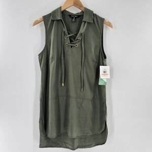 Ellen Tracy Olive Green Sleeveless Tie Front V-neck Tunic Womens Size Small